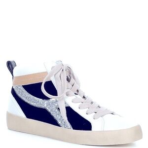 Gianni Bini Sz 11 White Leather Glitter High Top Blk Suede Sparkle Sneakers NWT